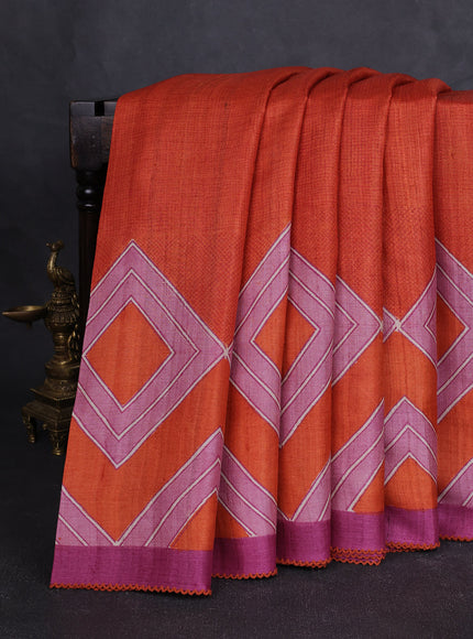 Orange - Onion Pink Printed Tussar Silk Saree