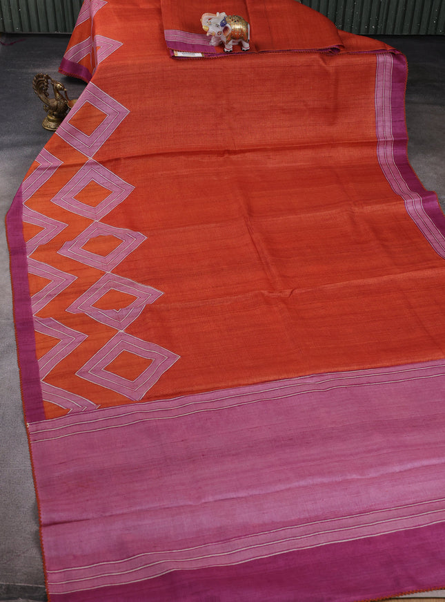 Orange - Onion Pink Printed Tussar Silk Saree