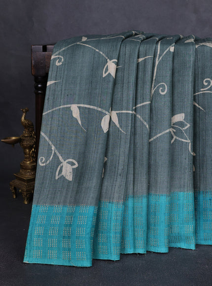 Grey - Turquoise Blue Printed Tussar Silk Saree