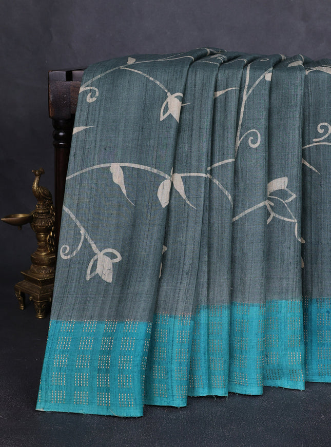 Grey - Turquoise Blue Printed Tussar Silk Saree