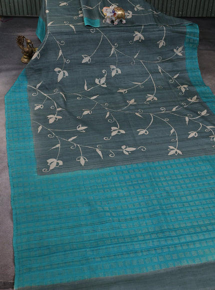 Grey - Turquoise Blue Printed Tussar Silk Saree