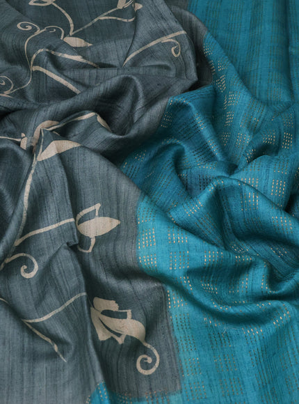Grey - Turquoise Blue Printed Tussar Silk Saree