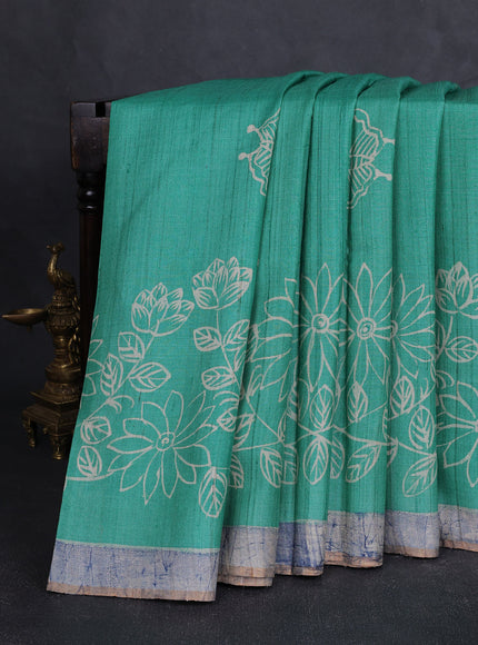 Teal Green - Blue Printed Tussar Silk Saree