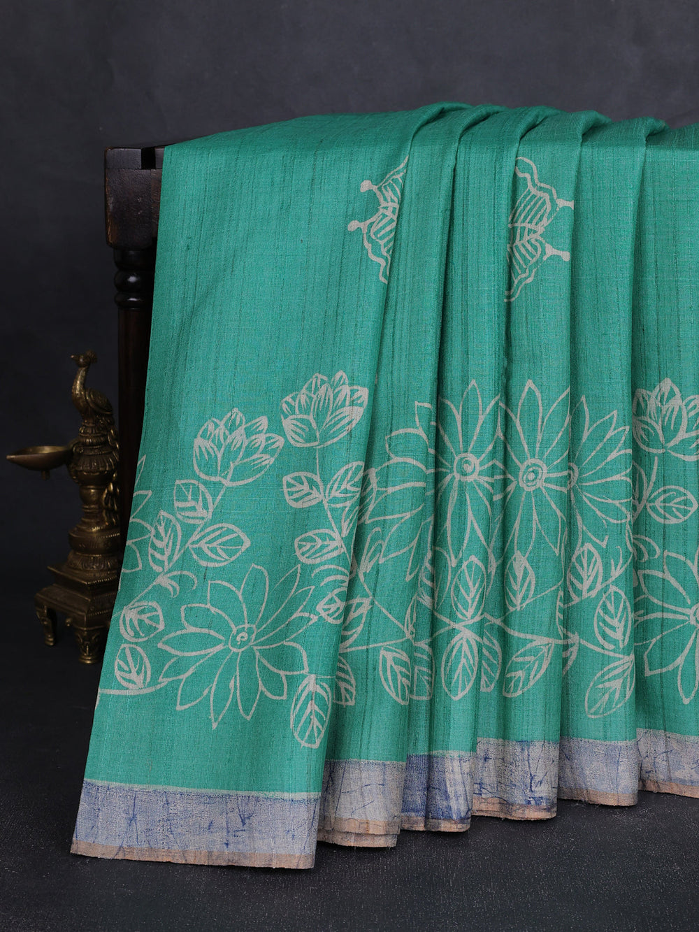 Teal Green - Blue Printed Tussar Silk Saree