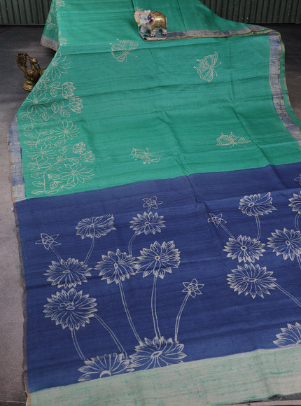 Teal Green - Blue Printed Tussar Silk Saree
