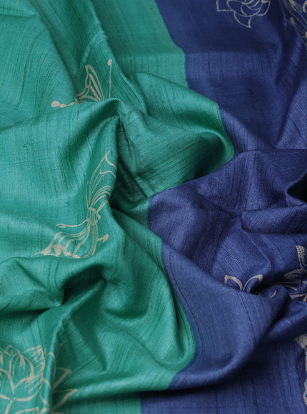 Teal Green - Blue Printed Tussar Silk Saree
