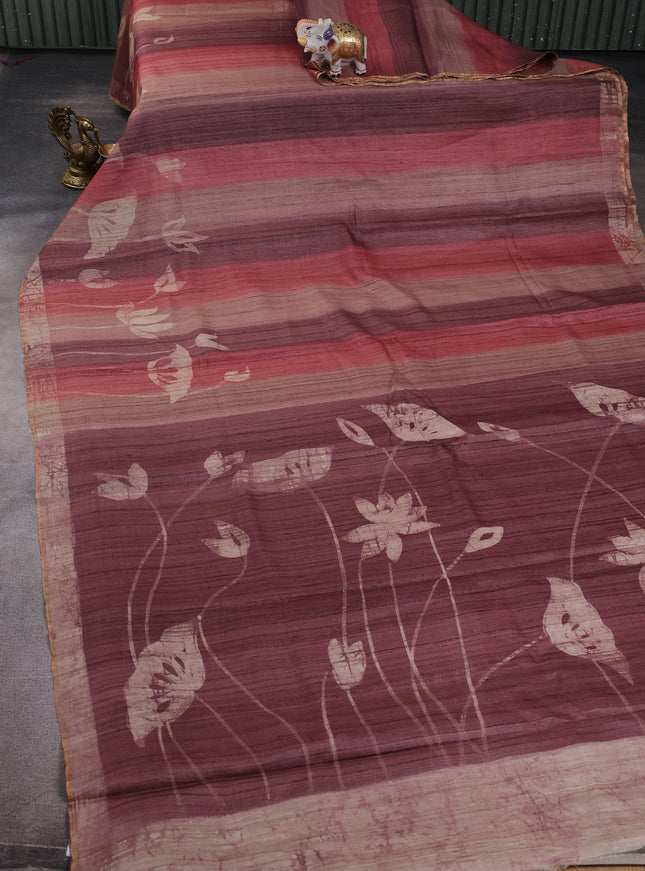 Rust Printed Tussar Silk Saree