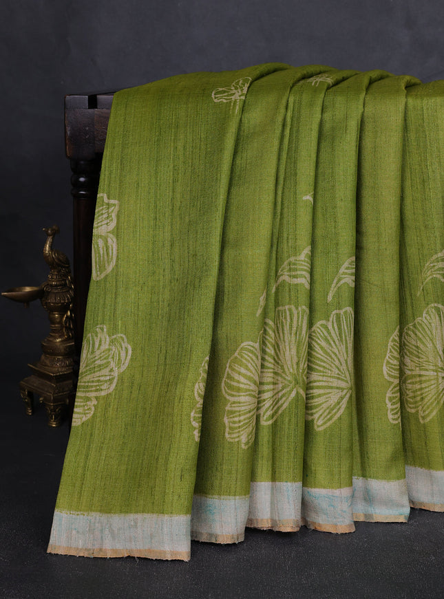 Light Green - Cs Blue Printed Tussar Silk Saree