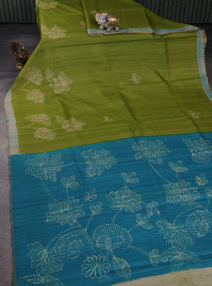 Light Green - Cs Blue Printed Tussar Silk Saree
