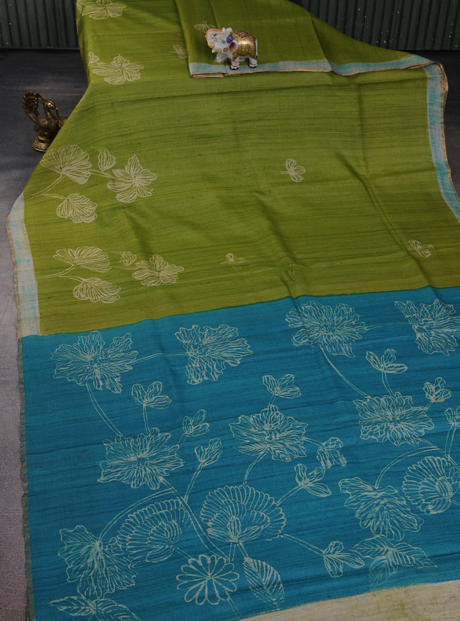 Light Green - Cs Blue Printed Tussar Silk Saree