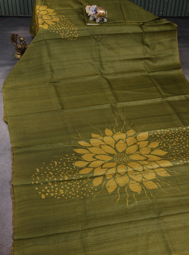 Mehendi Green Printed Tussar Silk Saree