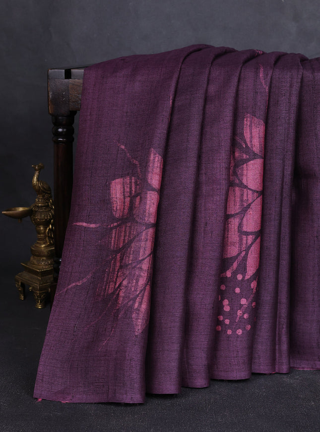 Wine Printed Tussar Silk Saree