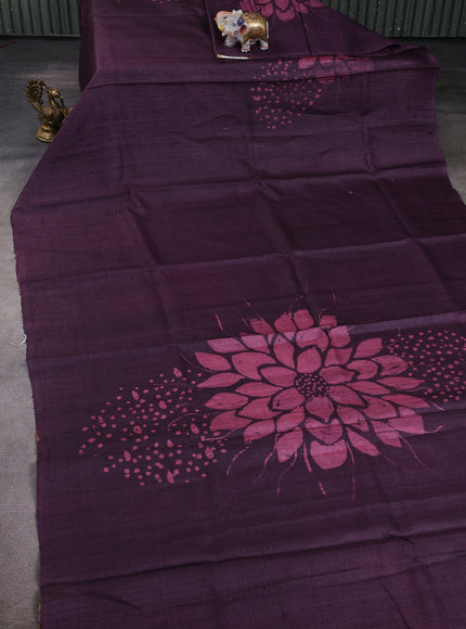 Wine Printed Tussar Silk Saree