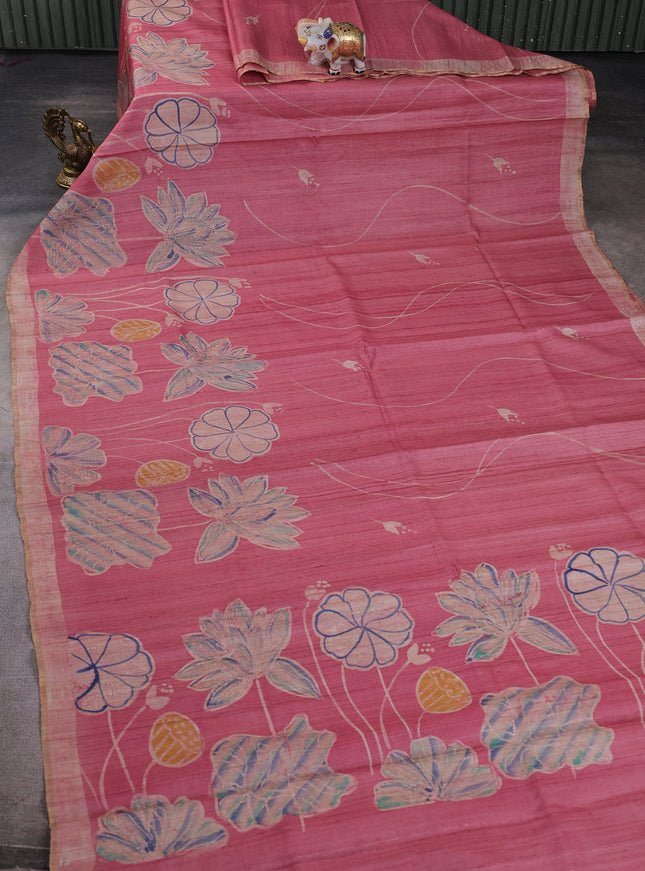 Dusty Pink Printed Tussar Silk Saree