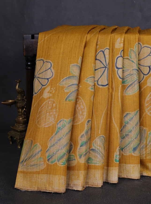 Mustard Printed Tussar Silk Saree