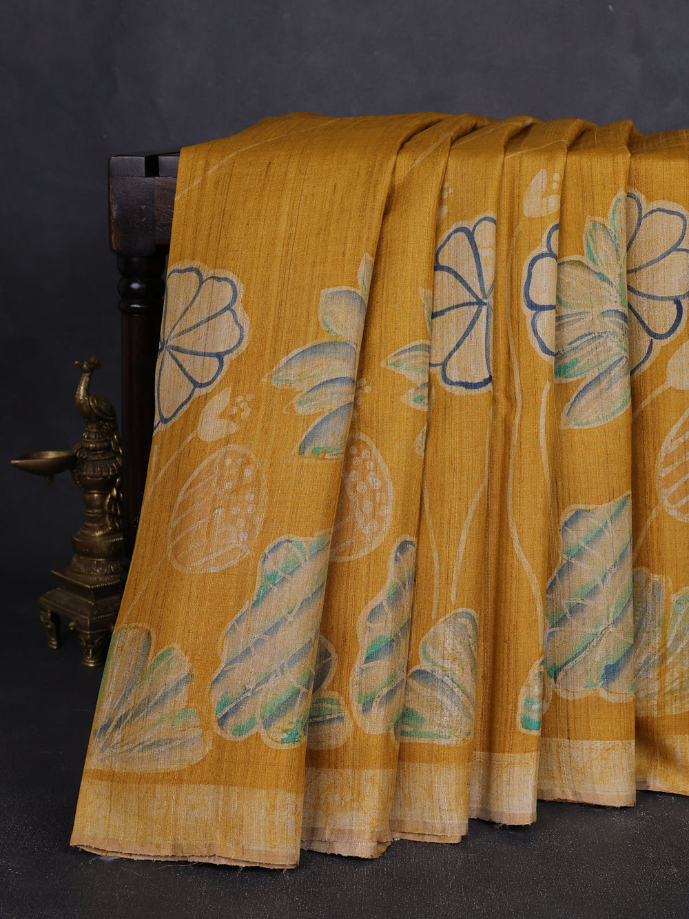 Mustard Printed Tussar Silk Saree