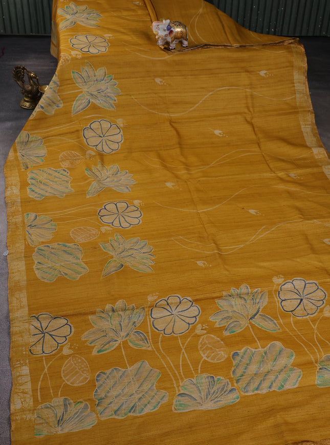 Mustard Printed Tussar Silk Saree