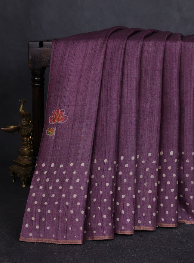 Wine Printed Tussar Silk Saree