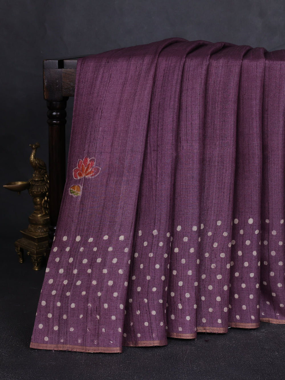 Wine Printed Tussar Silk Saree