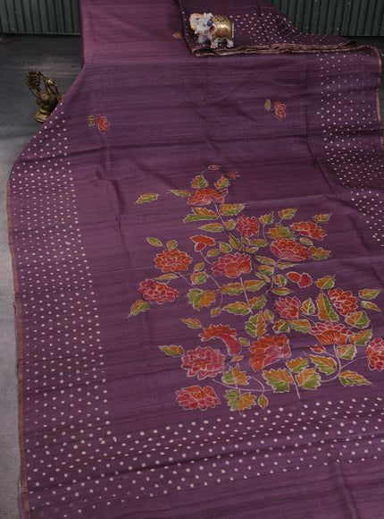Wine Printed Tussar Silk Saree