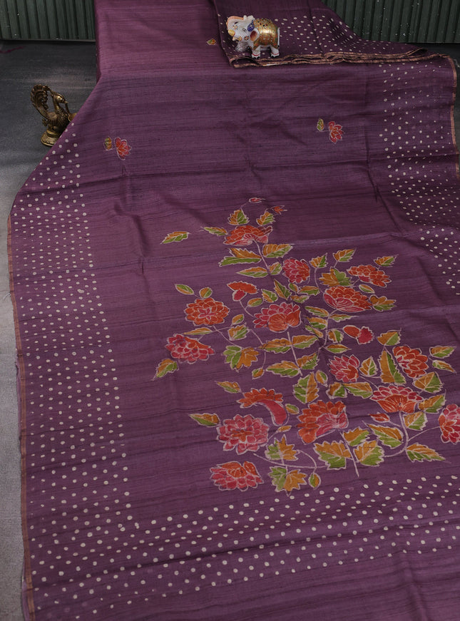 Wine Printed Tussar Silk Saree