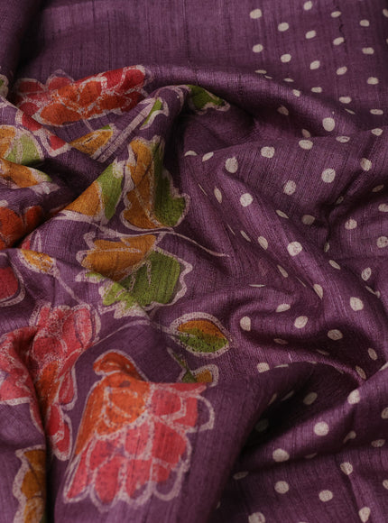 Wine Printed Tussar Silk Saree