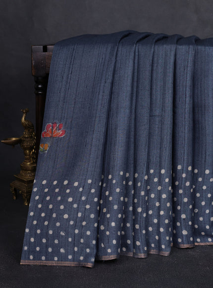 Denim Blue Printed Tussar Silk Saree