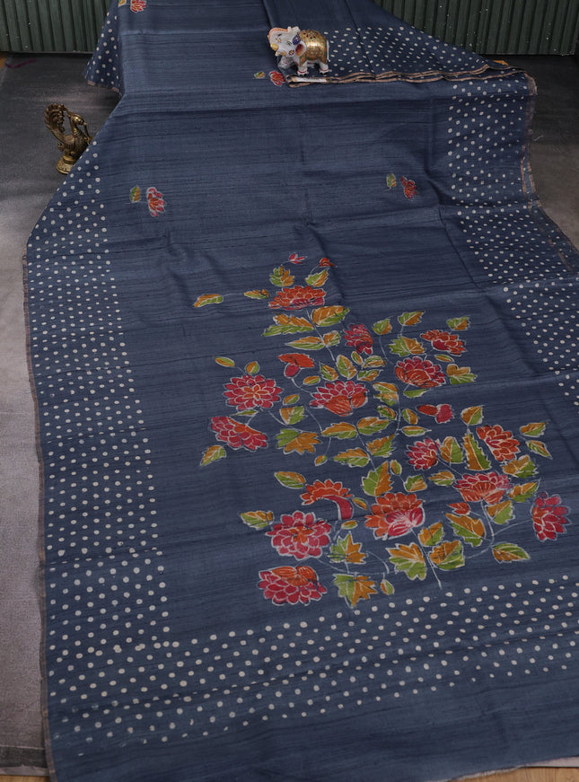 Denim Blue Printed Tussar Silk Saree