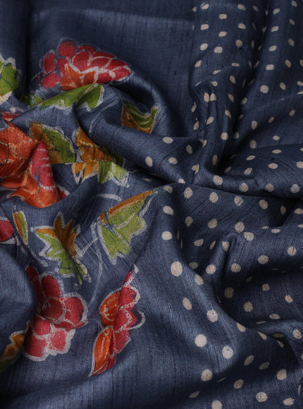 Denim Blue Printed Tussar Silk Saree