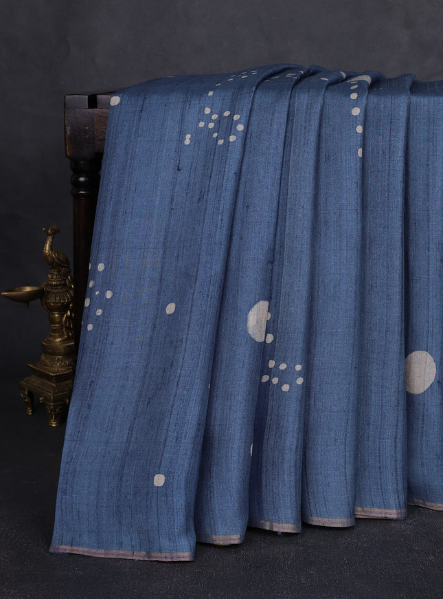 Indigo Blue Printed Tussar Silk Saree