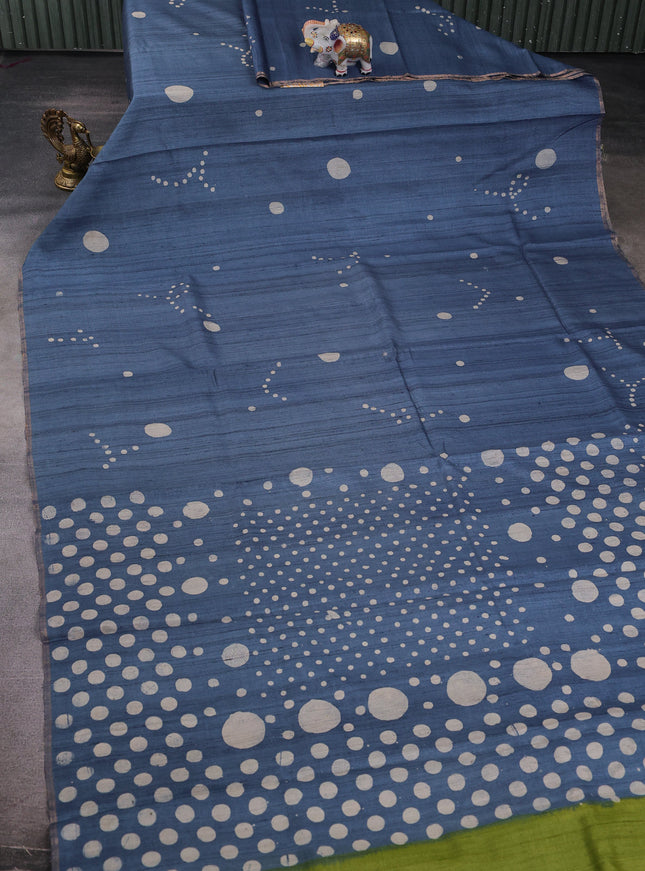 Indigo Blue Printed Tussar Silk Saree