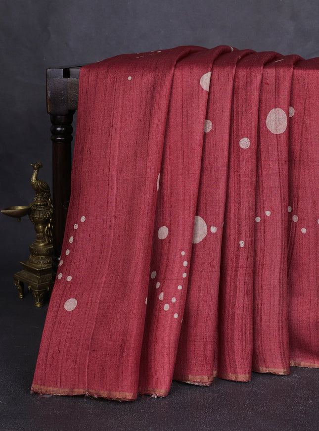 Red Printed Tussar Silk Saree