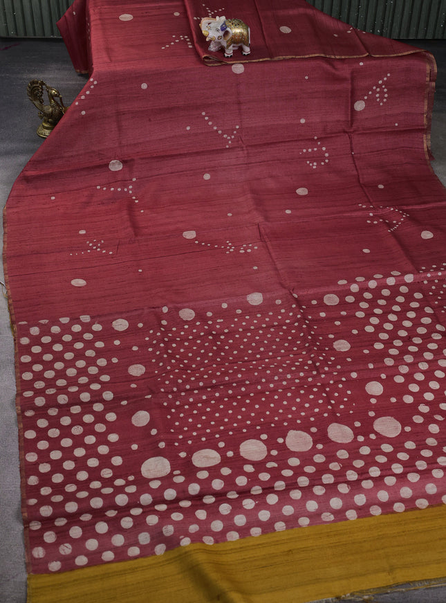 Red Printed Tussar Silk Saree
