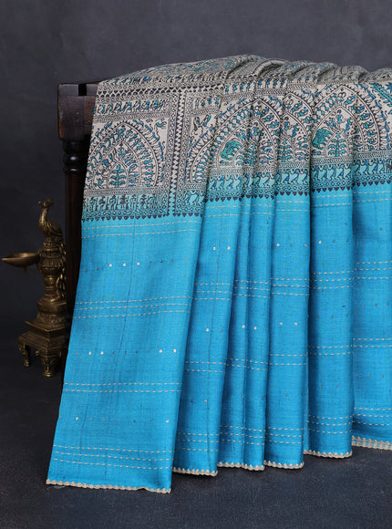Beige - Firozi Tussar Kantha Embroidery Silk Saree