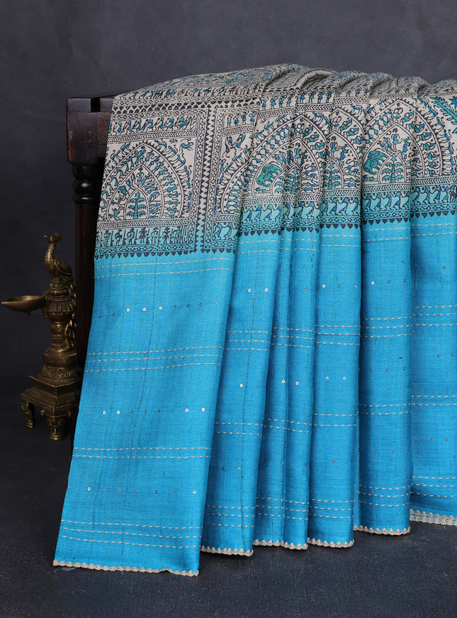 Beige - Firozi Tussar Kantha Embroidery Silk Saree