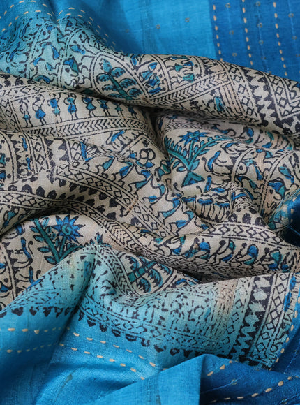 Beige - Firozi Tussar Kantha Embroidery Silk Saree