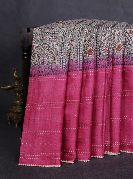 Beige - Pink Tussar Kantha Embroidery Silk Saree