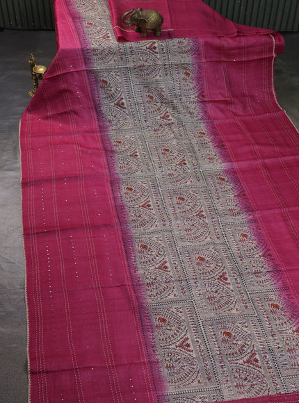 Beige - Pink Tussar Kantha Embroidery Silk Saree