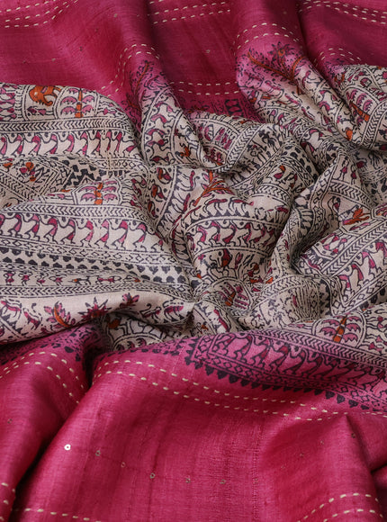 Beige - Pink Tussar Kantha Embroidery Silk Saree