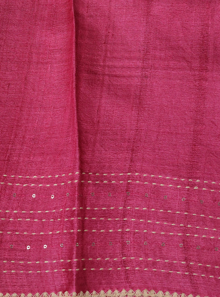 Beige - Pink Tussar Kantha Embroidery Silk Saree