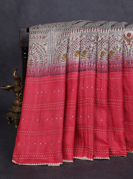 Beige -Red Tussar Kantha Embroidery Silk Saree