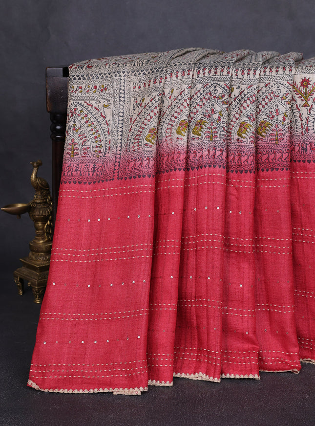 Beige -Red Tussar Kantha Embroidery Silk Saree