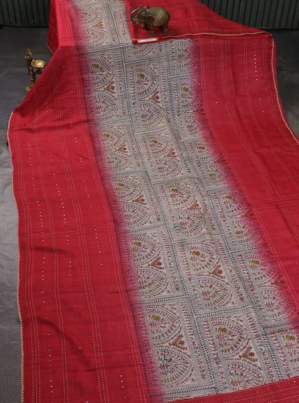 Beige -Red Tussar Kantha Embroidery Silk Saree
