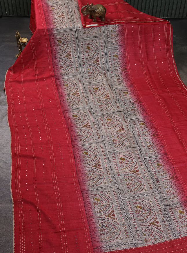 Beige -Red Tussar Kantha Embroidery Silk Saree
