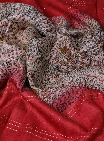 Beige -Red Tussar Kantha Embroidery Silk Saree