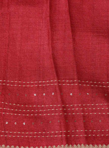 Beige -Red Tussar Kantha Embroidery Silk Saree