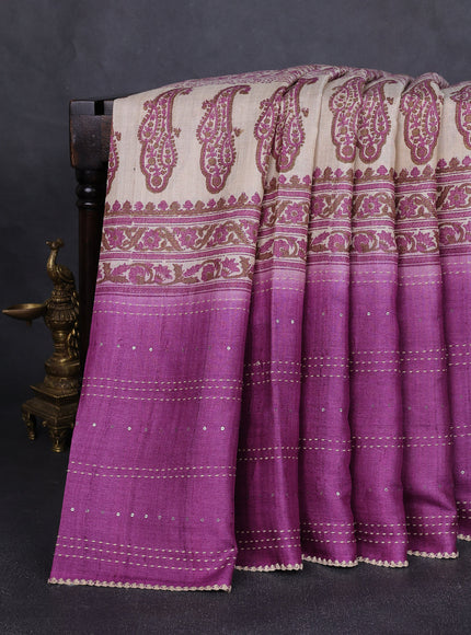 Beige - Purple Tussar Kantha Embroidery Silk Saree