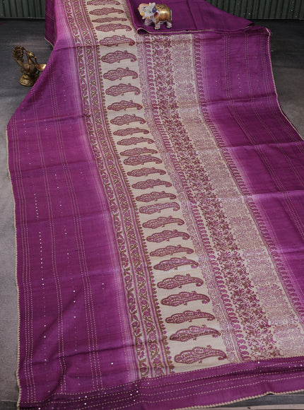 Beige - Purple Tussar Kantha Embroidery Silk Saree