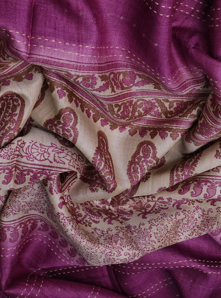 Beige - Purple Tussar Kantha Embroidery Silk Saree