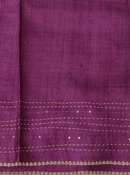 Beige - Purple Tussar Kantha Embroidery Silk Saree